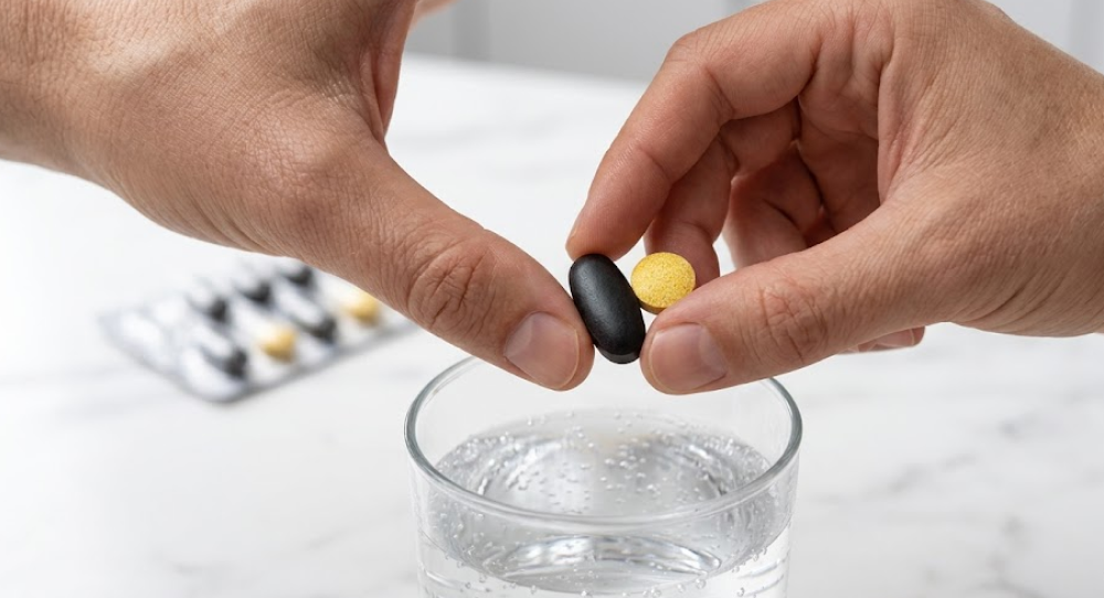 A hand holding a dark iron tablet and a yellow vitamin C tablet over a glass of water.