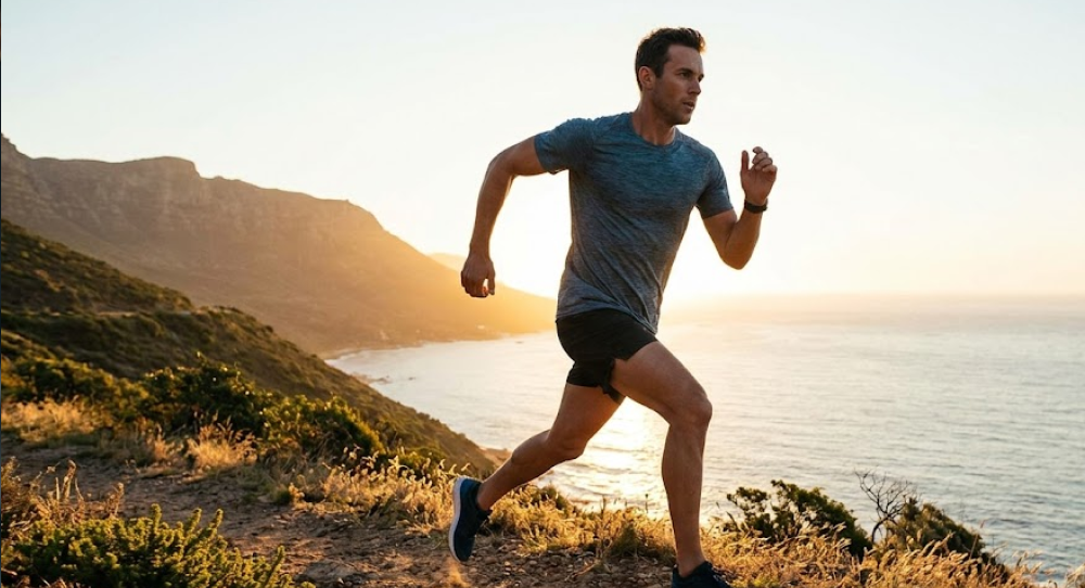 Athletic runner sprinting on a coastal mountain trail at sunrise symbolizing bone strength