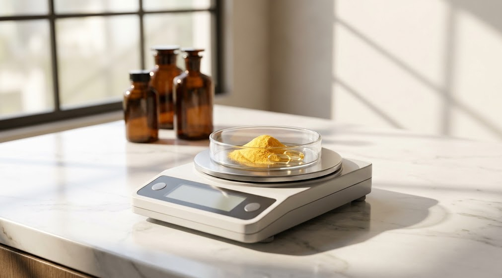 High-precision electronic laboratory scale weighing yellow vitamin B powder in a glass petri dish alongside softgel capsules.