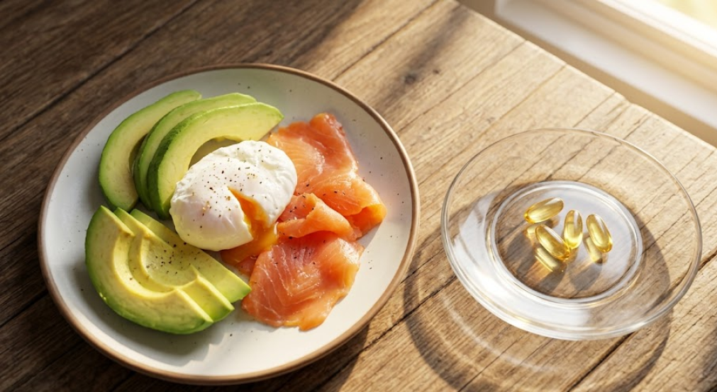 Healthy breakfast with avocado, salmon, egg, and Vitamin D capsules on a wooden table