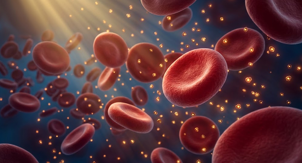 Microscopic view of healthy biconcave red blood cells floating with luminous golden coenzyme molecules in bloodstream.