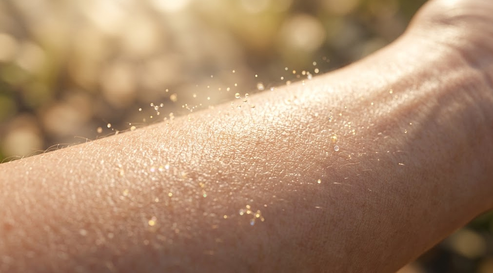 Macro photography of human skin absorbing warm sunlight for natural Vitamin D synthesis.