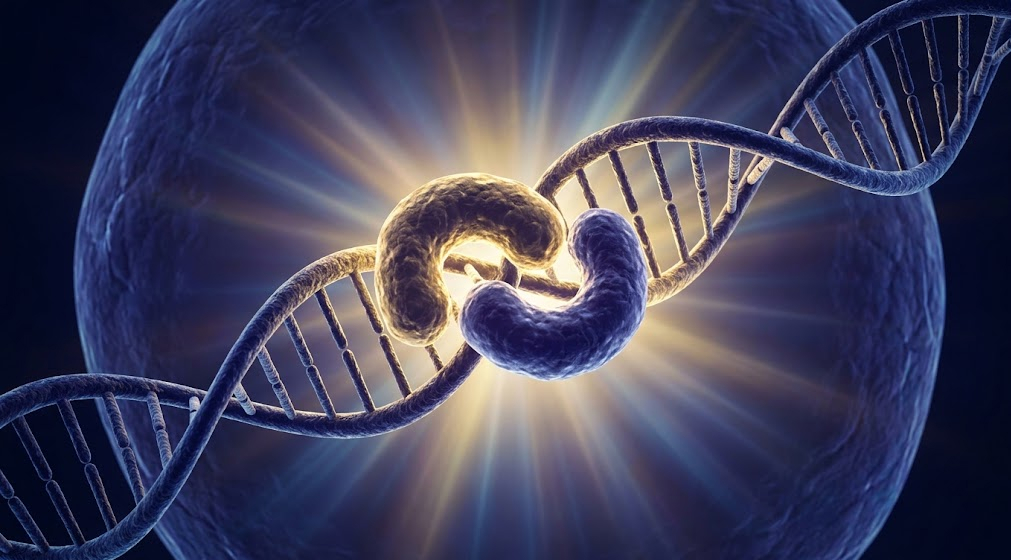 Molecular 3D rendering of RXR and VDR nuclear receptors binding directly to a DNA double helix