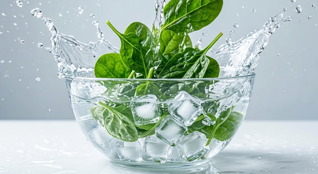 Bright green spinach leaves being plunged into a clear glass bowl filled with crystal clear ice water