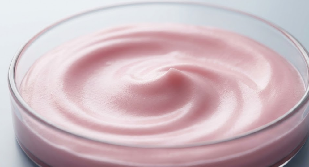 A velvety swirl of smooth pink B12 cosmetic cream inside a glass petri dish.