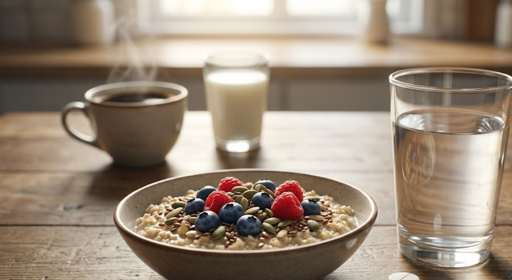 Iron-fortified oatmeal with water in the foreground, with coffee and milk positioned in the background.