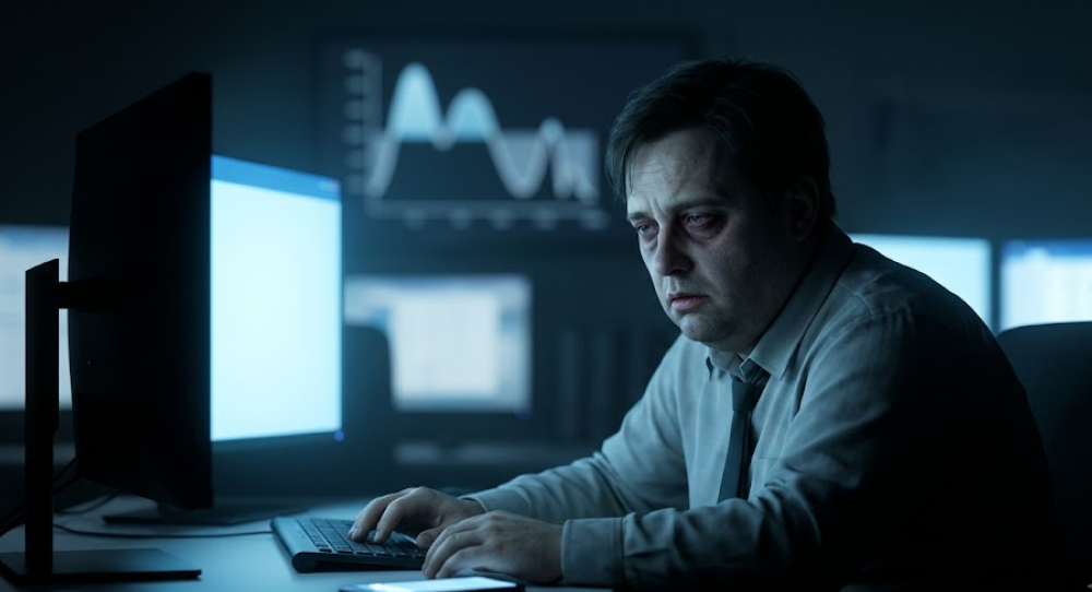Tired office worker at a computer at night showing signs of chronic sleep deprivation