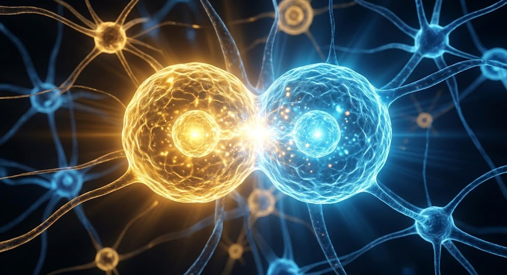 Two glowing biological compounds merging seamlessly within a neural cellular environment to represent nutritional synergy.