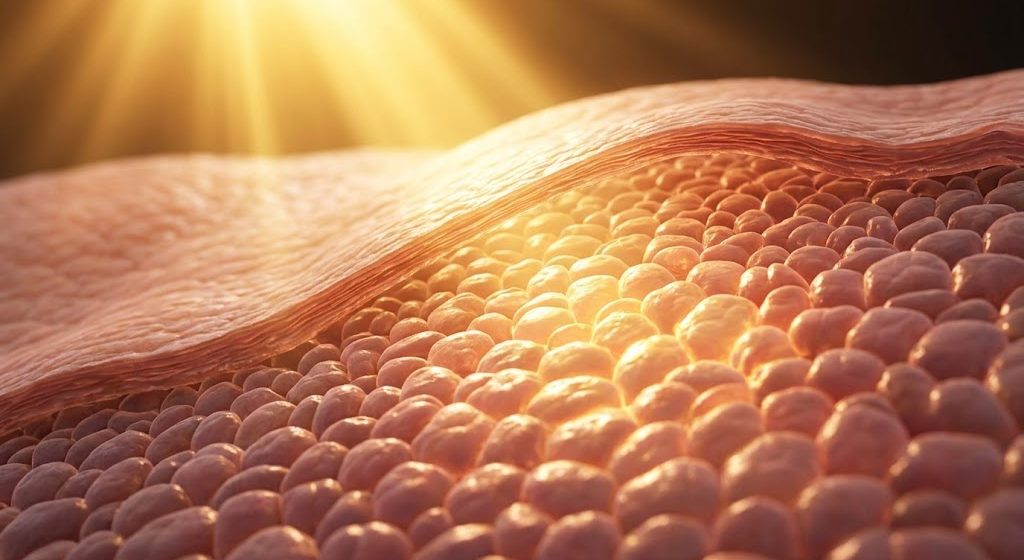 Microscopic human skin cells synthesizing nutrients from golden sunlight rays.