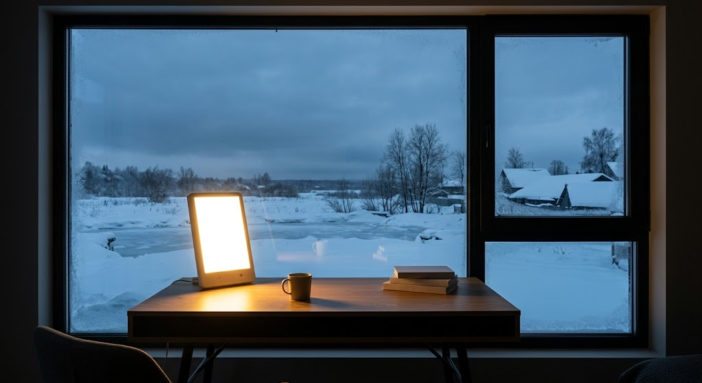 Therapeutic sun lamp illuminating a dark room during winter to combat seasonal Vitamin D drops.