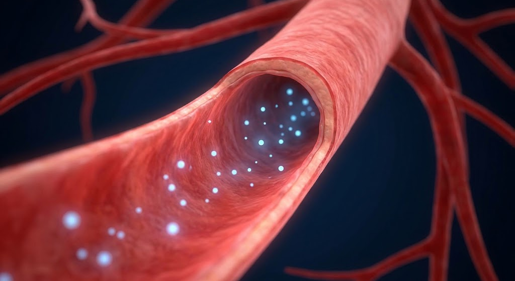Clean arterial blood vessel with healthy endothelial lining and balanced nutrient microcirculation