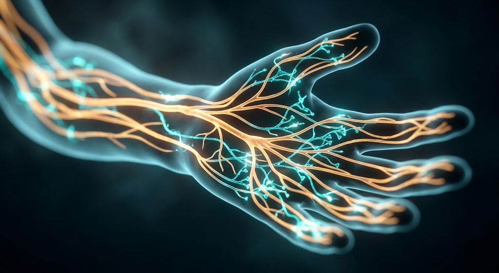 Conceptual medical visualization of glowing amber and cyan neural axons branching through a human arm and hand.