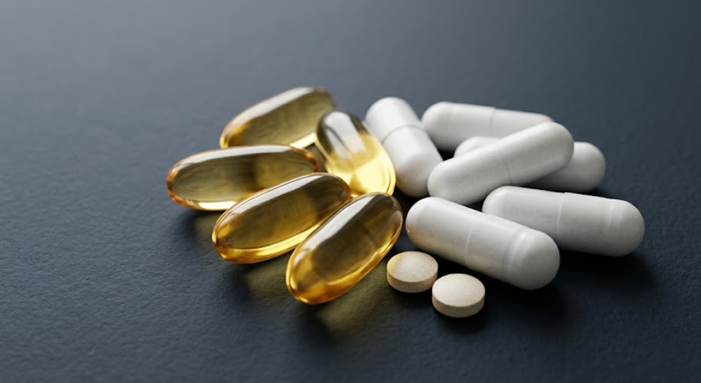 Capsules of Vitamin D, Magnesium, and Vitamin K2 tablets on a dark slate surface