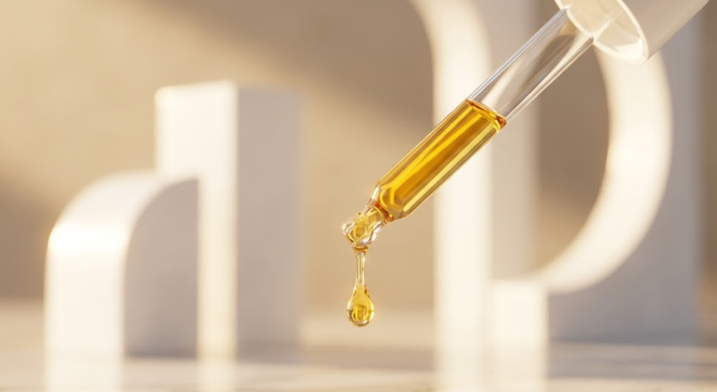 Clear glass dropper with a golden droplet of nutrient oil suspended in sunlight.