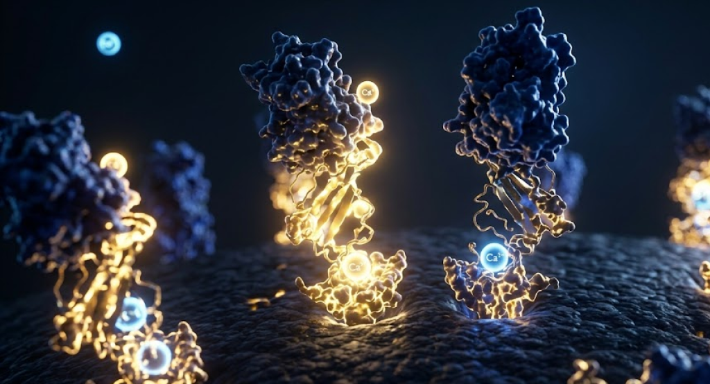 A medical 3D visualization of protein molecules undergoing chemical activation via calcium binding on a biological membrane.