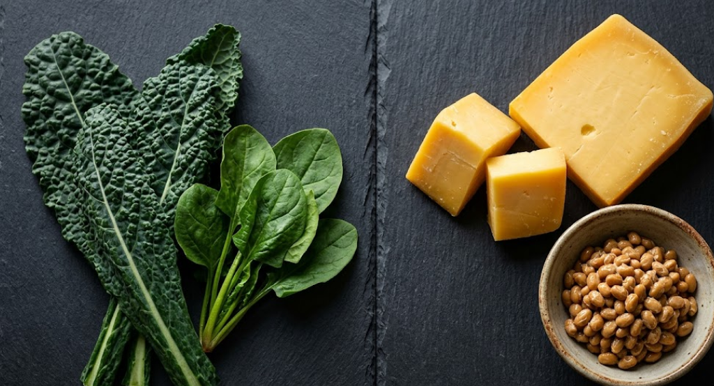 Studio photo comparing green leafy vegetables with aged cheese and natto on slate.