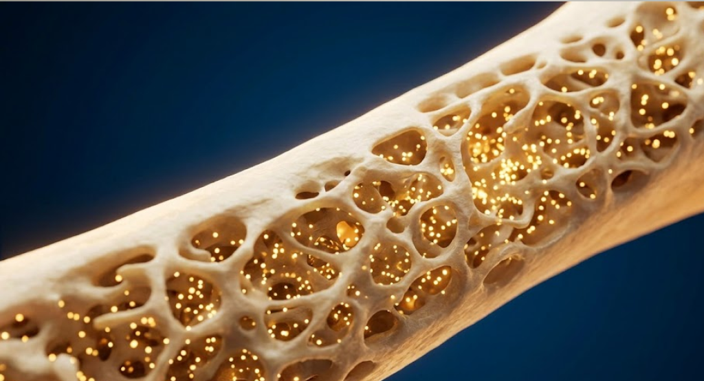3D scientific visualization of glowing calcium particles embedding into healthy bone trabecular structure