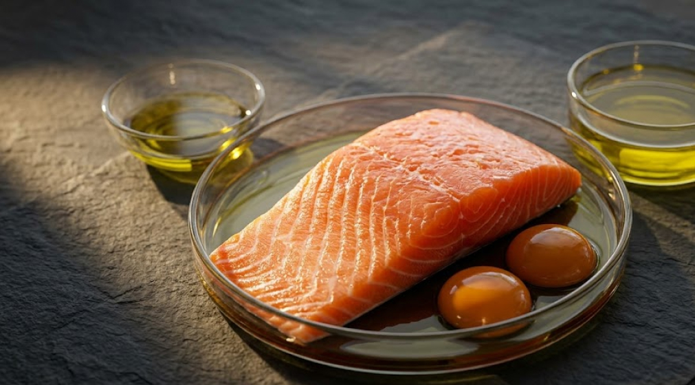 Fresh wild salmon fillet with organic egg yolks and olive oil on a dark slate surface