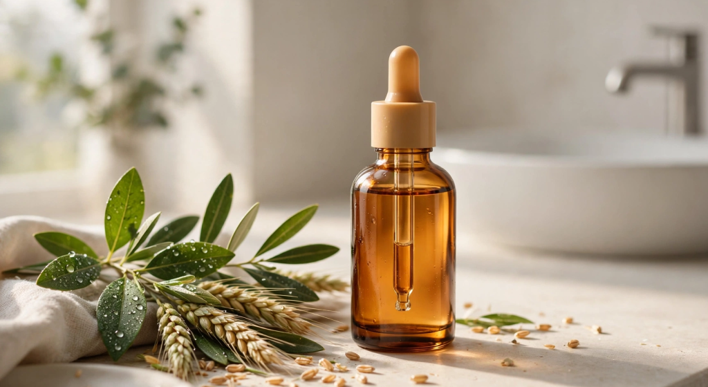 Luxury amber glass dropper bottle on minimalist bathroom counter with fresh green leaves and wheat germ