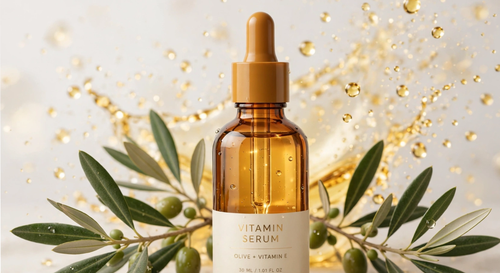 amber glass dropper bottle with golden vitamin serum and olive branches