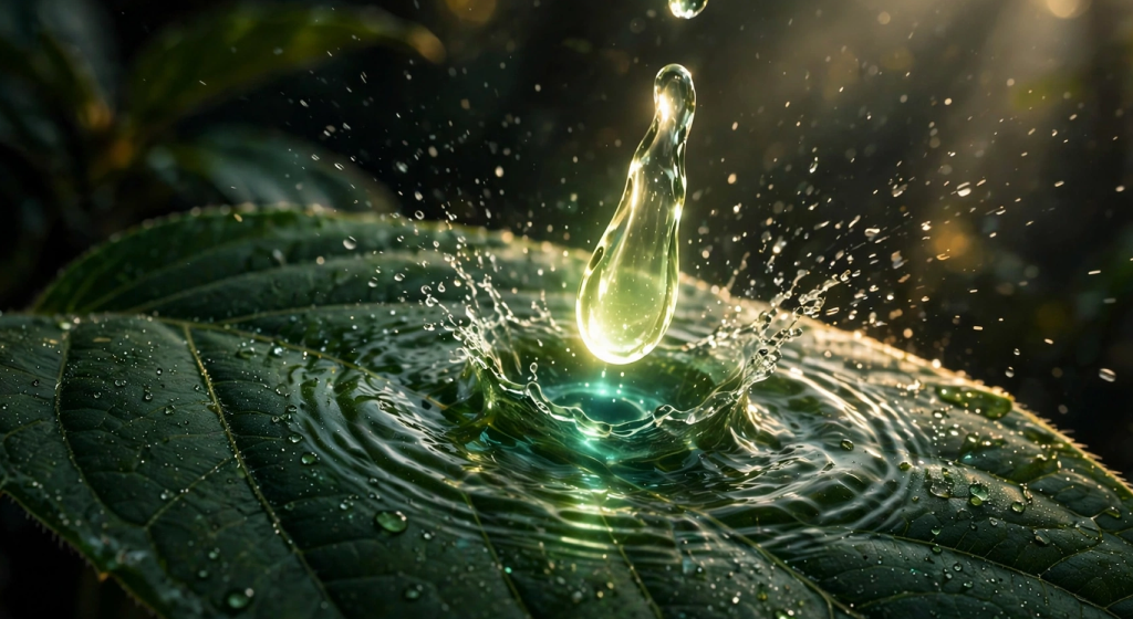 Glowing liquid drop falling onto dark green organic leaf with water ripples and morning sunlight, symbolizing pure bioavailable nutrients