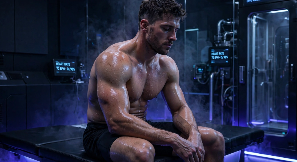 Muscular male athlete resting on bench in dim modern recovery room with blue purple lighting