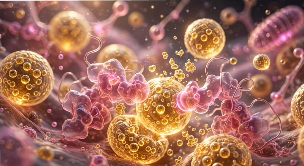 Microscopic visualization of golden fat micelles interacting with digestive enzymes