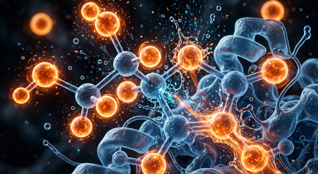 Glowing orange Vitamin C molecules merging with translucent blue enzymatic cellular structures