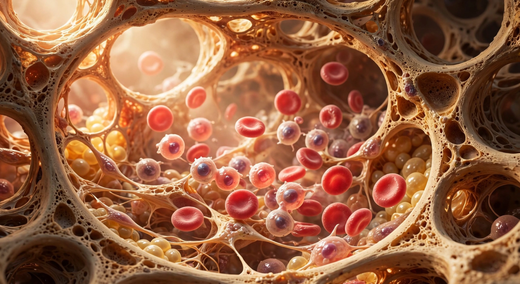 Intricate biomedical visualization inside bone marrow trabeculae with nascent red blood cells maturing