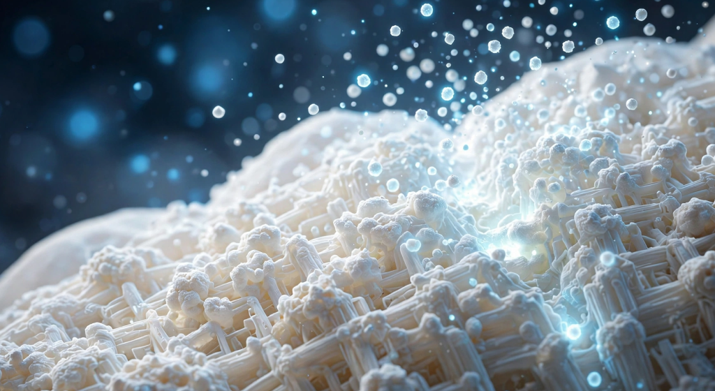 Microscopic 3D view of calcium particles absorbing into tooth enamel