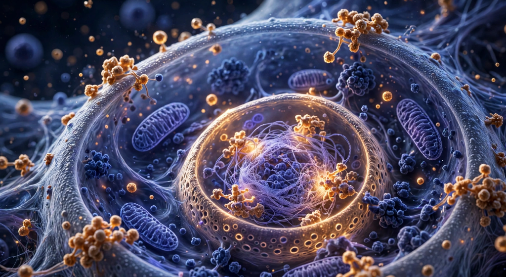 Photorealistic cellular architecture with nucleus and glowing biochemical signaling particles