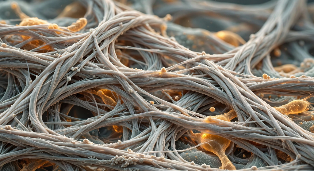 Microscopic view of healthy osteoid tissue with extracellular matrix fibers weaving together