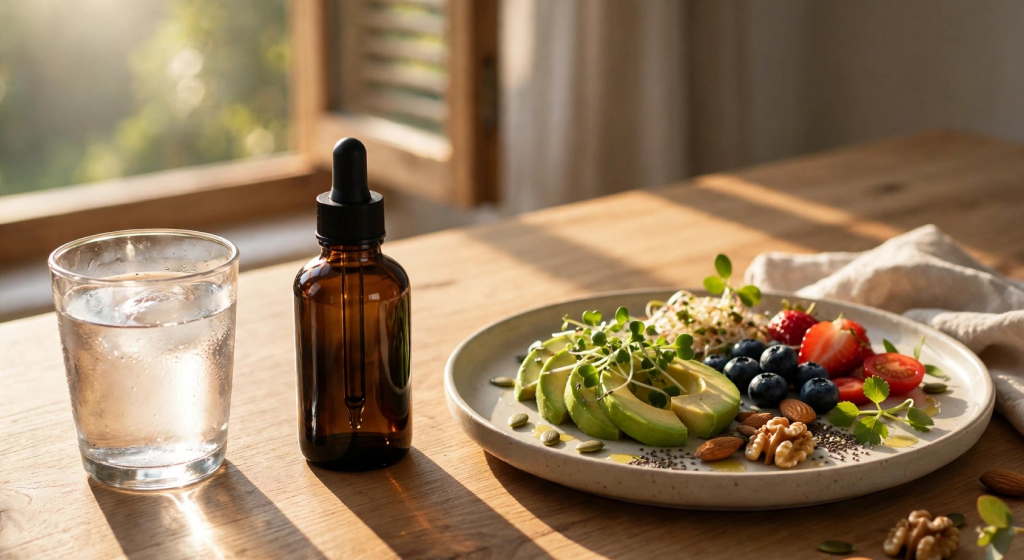 Aesthetic morning biohacking setup on sunlit wooden table with glass of water, dark amber supplement bottle, and healthy breakfast