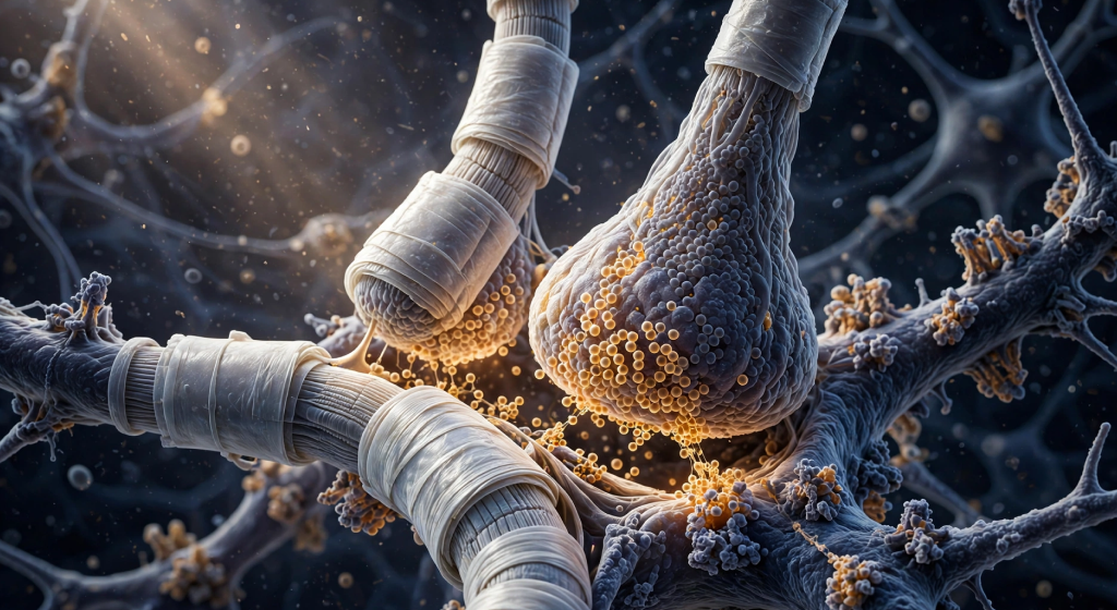 Active macrophage engulfing beta-amyloid oligomers near pristine flexible brain capillary with red blood cells