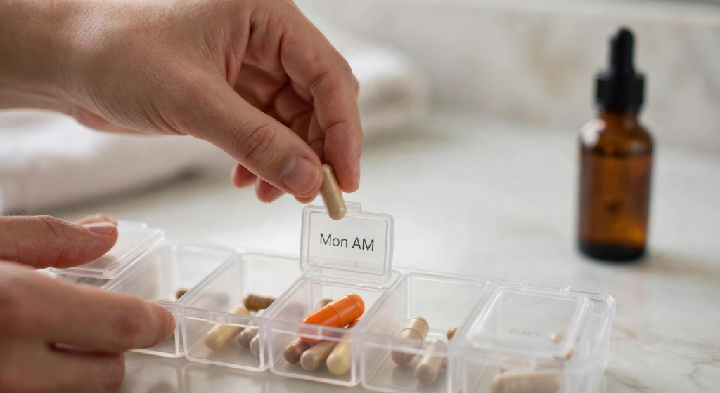 Close-up of hands organizing weekly pill organizer with orange Vitamin C capsule on bathroom counter