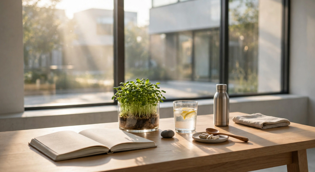 Minimalist biohacking desk with journal and sprouts in morning sunlight