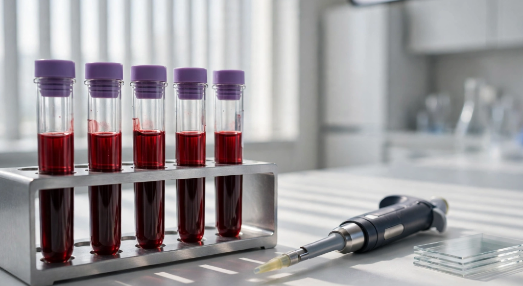 Sterile glass vacutainer tubes with blood samples in aluminum rack with digital pipette and glass slides