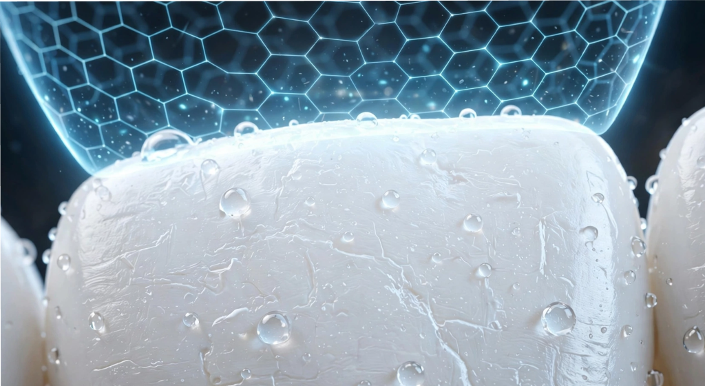 Pristine white tooth surface protected by glowing translucent barrier with water droplets