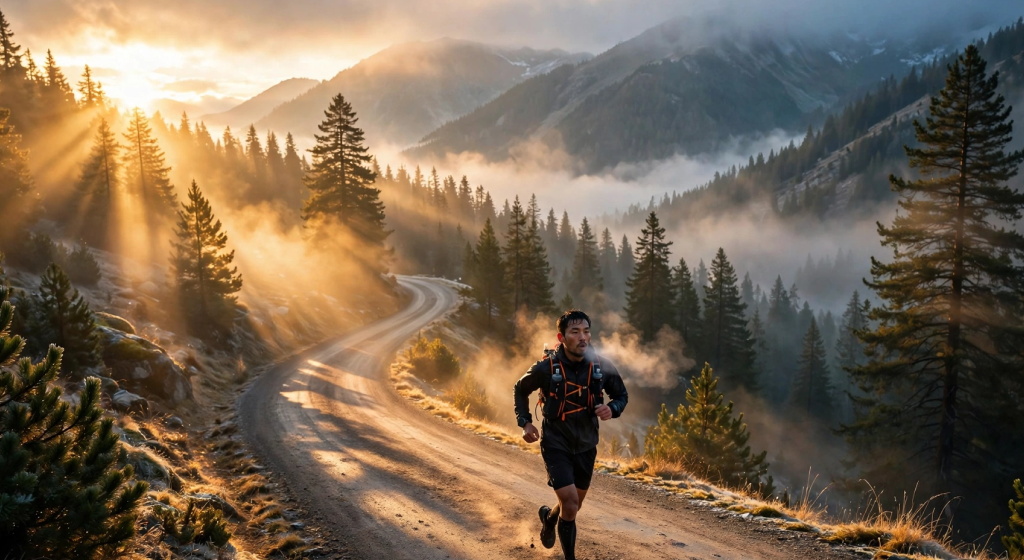 Marathon runner breathing heavily on misty mountain road at sunrise with visible breath vapor