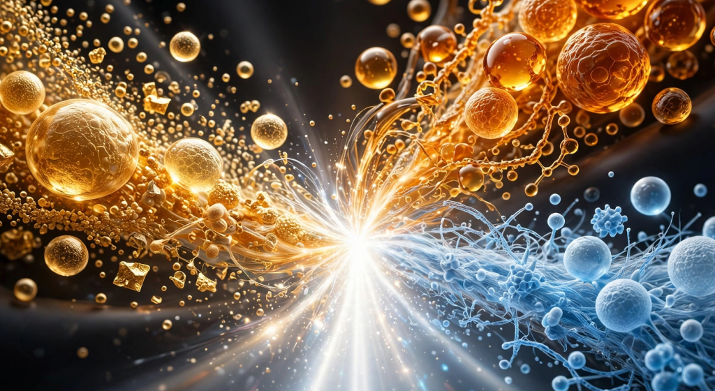 Macro of glowing gold amber and soft blue nutrient elements merging into single powerful beam of bright white light on dark background