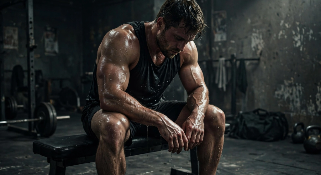 Exhausted male weightlifter sitting alone on dark gym bench looking down in fatigue