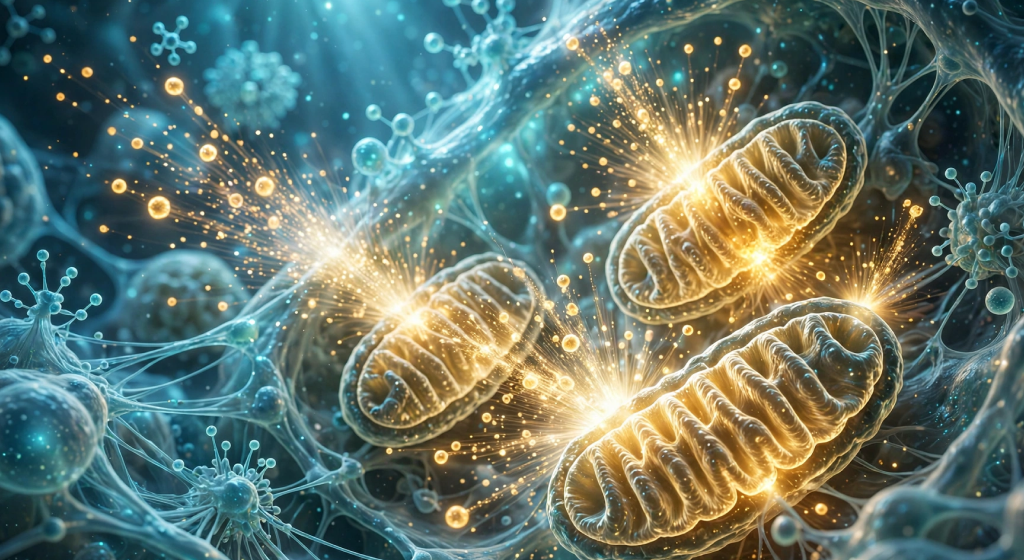 Text: Extreme close-up of glowing mitochondria inside human cell producing radiant bursts of golden ATP energy particles