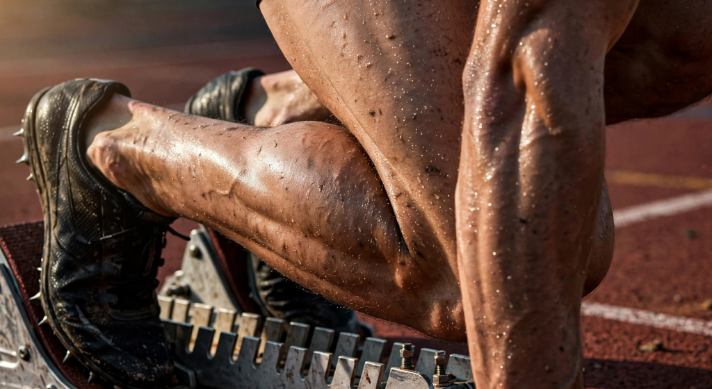 Extreme close up of athlete's muscular legs tensed in starting blocks on running track