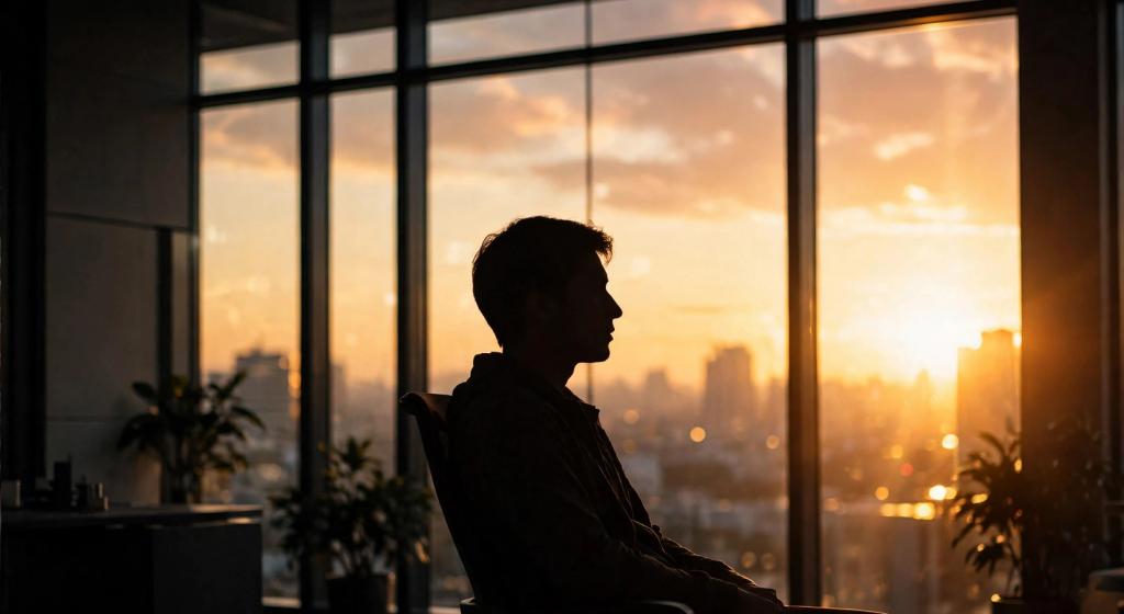 Silhouette of calm focused person meditating in modern bright office with floor-to-ceiling windows overlooking blurred cityscape at sunset