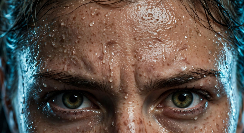 Extreme macro close up of female athlete's eyes showing intense laser-sharp focus and sweat