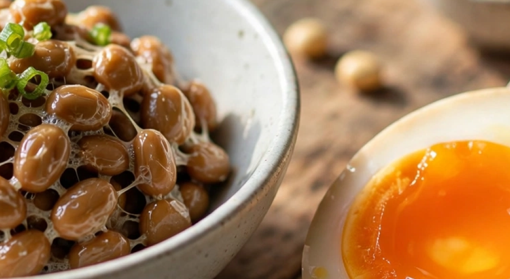 Japanese natto in ceramic bowl alongside halved soft-boiled pasture-raised egg with orange yolk