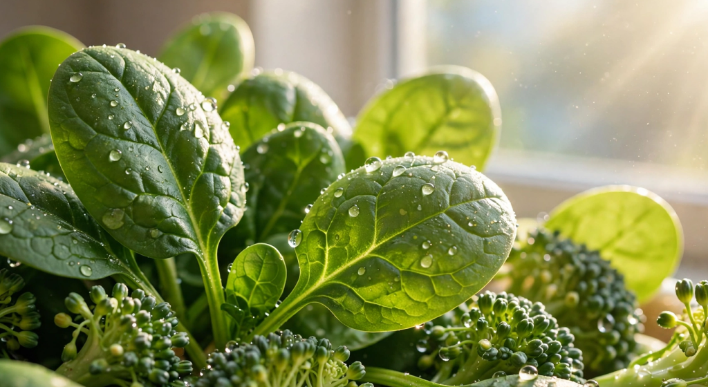 fresh baby spinach leaves and broccoli florets with water droplets in sunlight