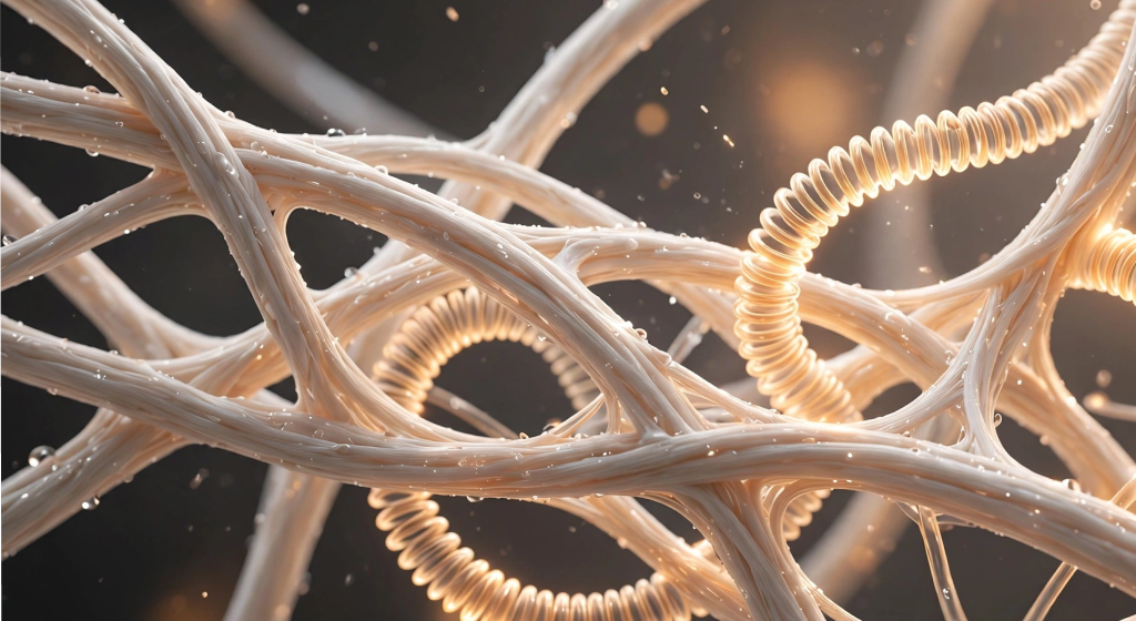 Abstract visualization of pristine collagen and elastin fibers glowing with amber light