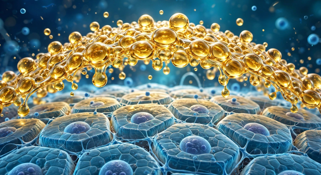 artistic microscopic view of golden oil droplets protecting human skin cells