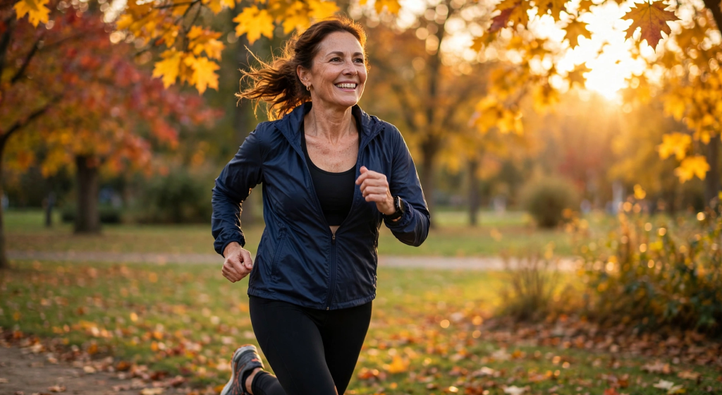 healthy middle-aged woman jogging and smiling in sunlit autumn park